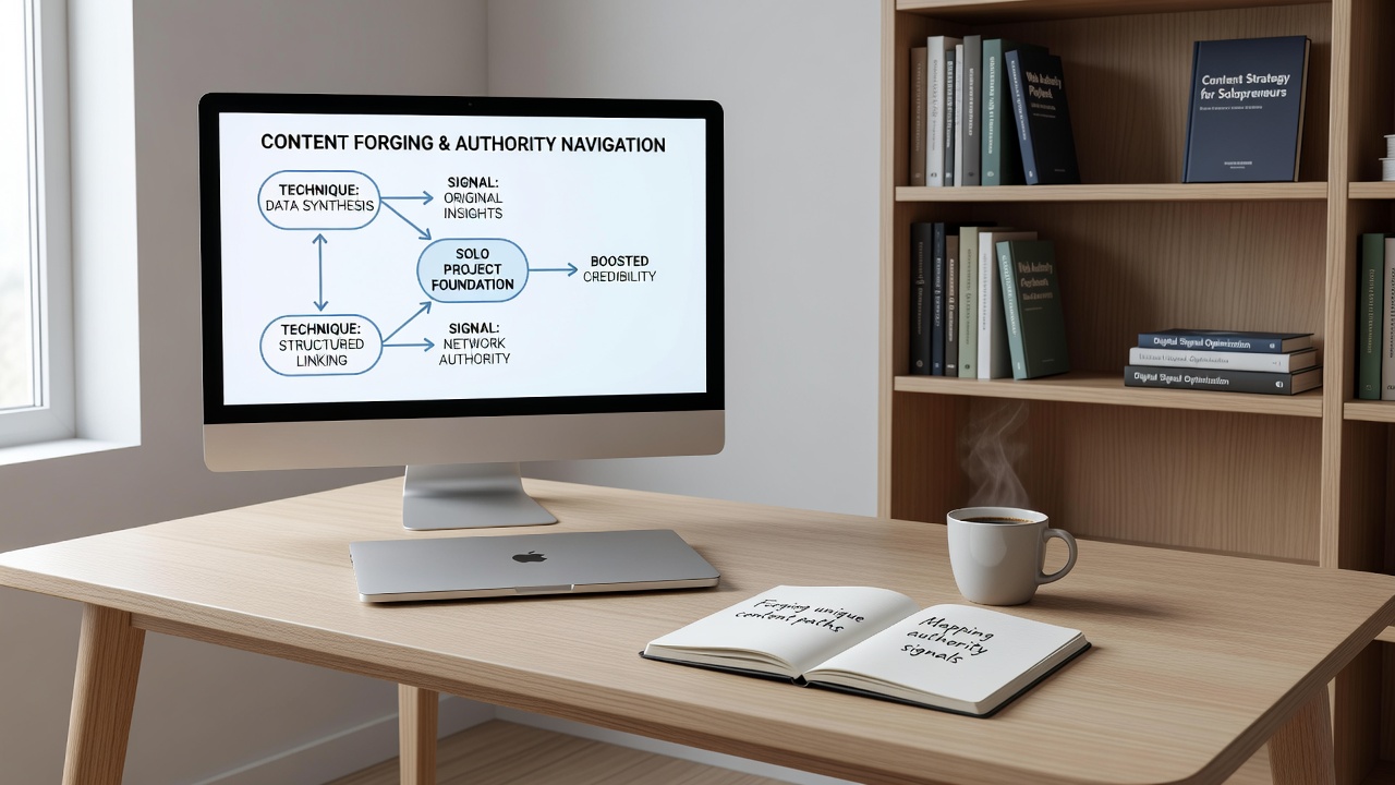 Content forging workflow diagram with authority signal tracking elements